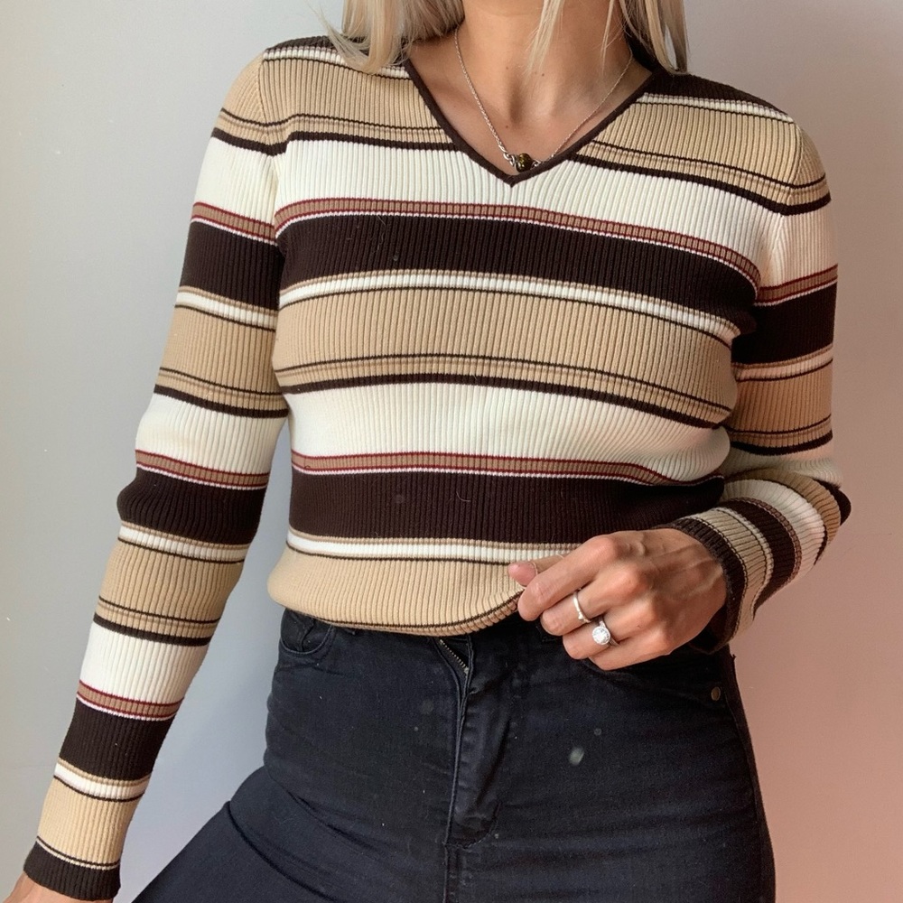 Vintage 80’s Striped Ribbed V-Neck Sweater Top
